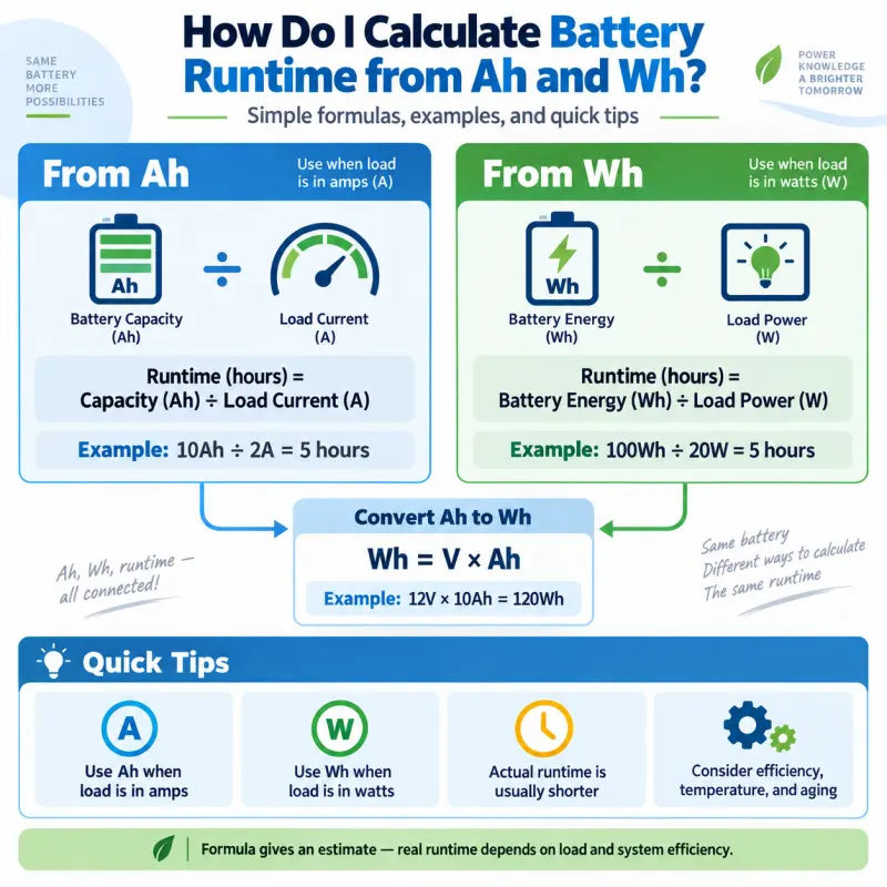 Calculate battery runtime from Ah and Wh using battery capacity, load current, load power, and Ah-to-Wh conversion formulas