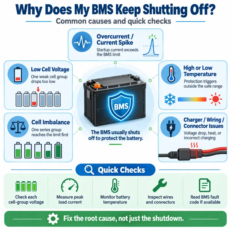 BMS keeps shutting off due to overcurrent, low cell voltage, temperature, cell imbalance, or wiring issues