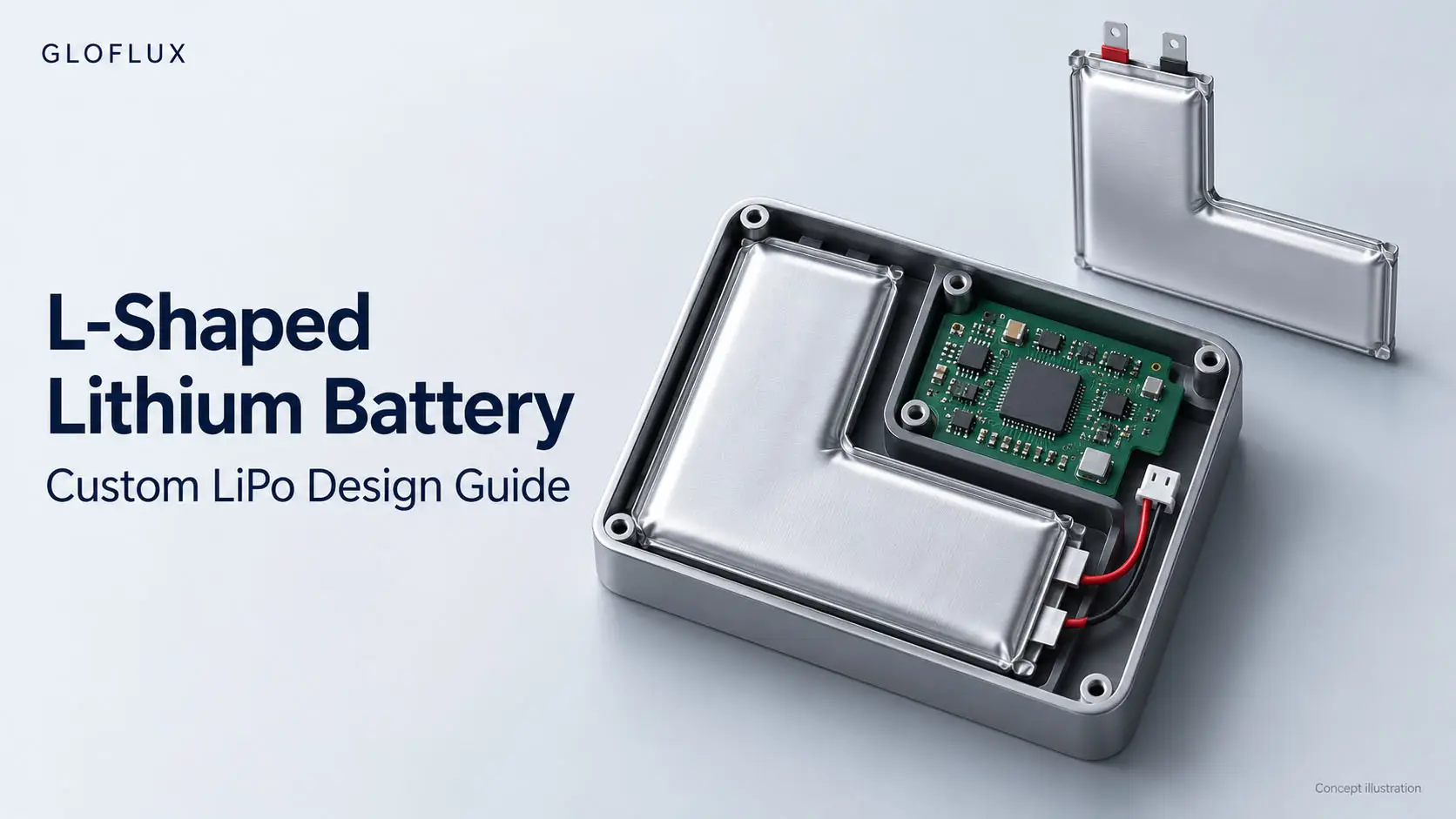 L-shaped lithium polymer battery fitted around a PCB inside a compact device enclosure.